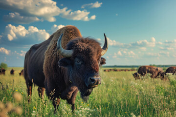 Happy Buffalo Grazing In Meadow, Wide Angle