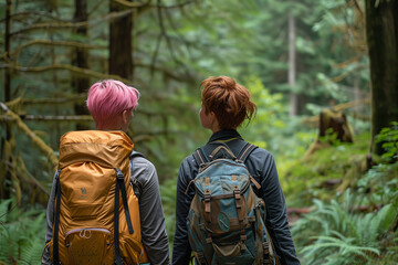 Fototapeta na wymiar Two Hikers Exploring a Lush Forest