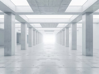 Minimalist architectural design of a spacious hall with columns and bright light. Generative AI