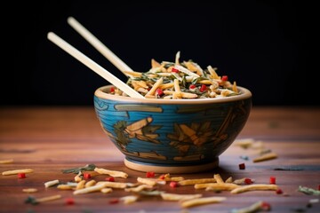 chips mix in a bamboo bowl with chopsticks - obrazy, fototapety, plakaty