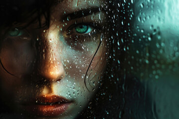 Melancholic Girl With Emerald Eyes Contemplates Life Through Rainstreaked Window