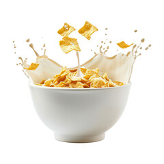Corn flakes with milk splash in white bowl