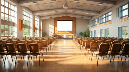 Bright conference hall with large windows and a park view. Seminar space concept. Generative AI