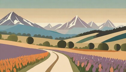 many mountains and counntry road illustration