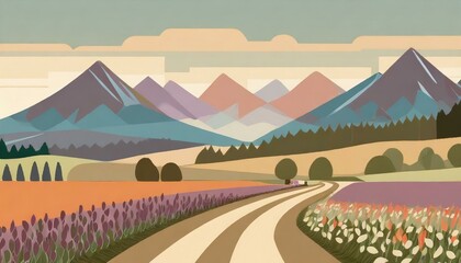 many mountains and counntry road illustration