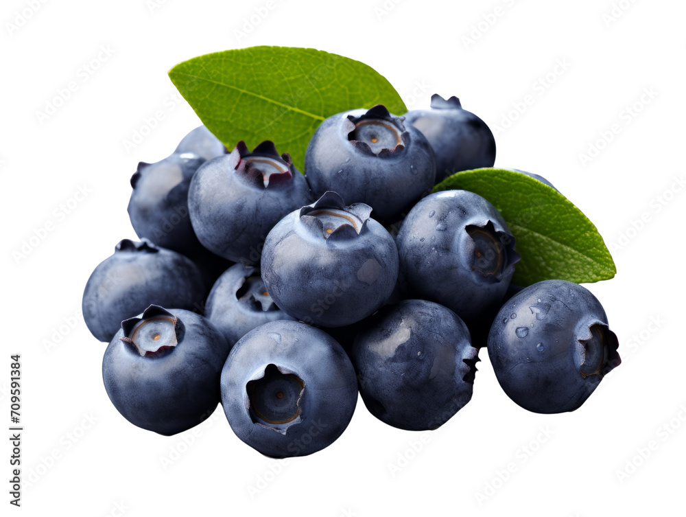 Canvas Prints Fresh and juicy blueberries with vibrant green leaves on a transparent background.