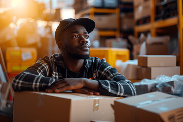 Obraz premium Thoughtful Businessman in Warehouse