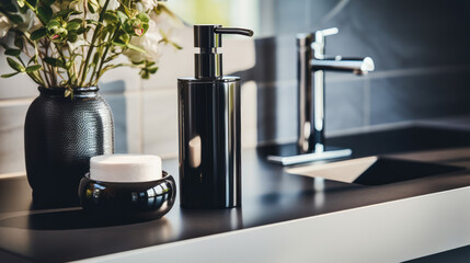Elegant black bathroom accessories on dark marble background. Luxury home decor. Generative AI - obrazy, fototapety, plakaty