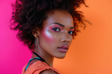 Artistic Makeup Enhances Stylish Model As She Strikes Poses Against A Vibrant Pink Backdrop