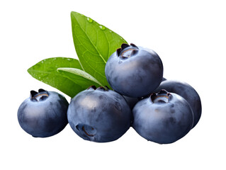 Fresh and juicy blueberries with vibrant green leaves on a transparent background.