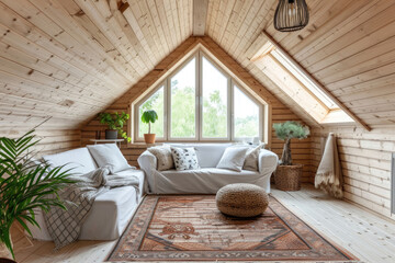 Elegant Scandinavian Living Room Design With Exposed Wooden Ceiling In Attic Space