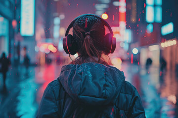 Stylish Teen With Headphones Walks Through Cityscape, Immersed In Music