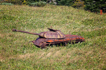 Old rusty soviet panzer . Kunashir Island. Southern Kuriles