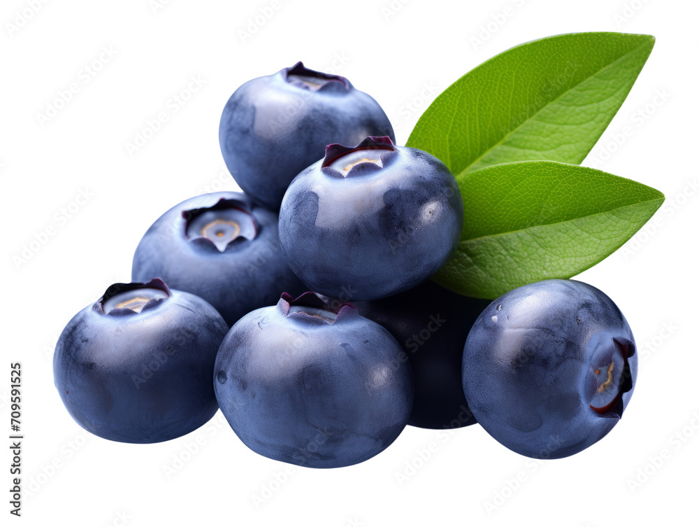 Canvas Prints Fresh and juicy blueberries with vibrant green leaves on a transparent background.