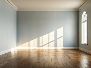 Obraz premium Spacious empty room with sunlight casting shadows on wooden floor. Architecture concept. Generative AI