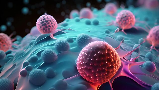 magnified view of aggressive BRCA1positive cancer cells, displaying cellular chaos of uncontrolled growth, underlining the connection between gene mutations and cancer.
