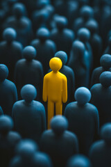 Unique color yellow human shape among dark ones. Leadership, individuality and standing out of crowd concept. clay illustration