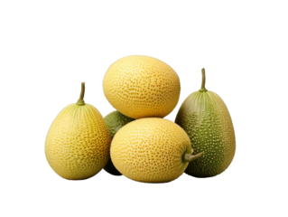 Green and yellow horned melons on a grey background, highlighting their distinctive texture and shape.