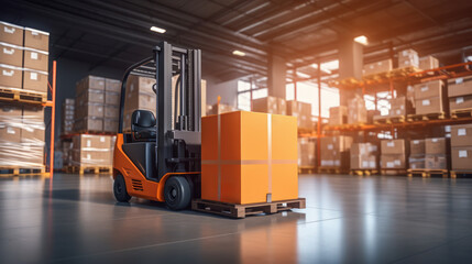 Orange forklift with pallet in motion in a sunlit warehouse. Dynamic industrial scene. Generative AI