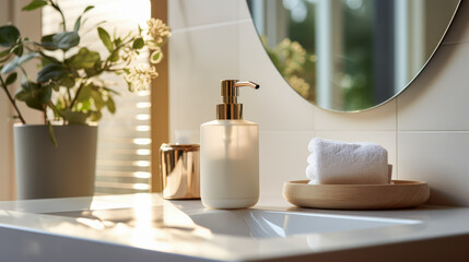 Obraz na płótnie Canvas Modern bathroom accessories with plant, white soap dispenser on wooden tray. Clean and organic concept. Generative AI