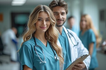 A diverse group of healthcare professionals working together in a hospital setting.