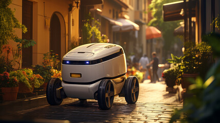 Obraz premium Tech delivery robot cruising through a modern pedestrian zone. Smart city logistic concept. Generative AI