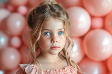 A lonely girl against a background of pink balloons, expressing both innocence and a hint of sadness in a studio portrait.