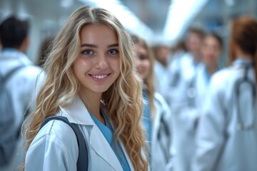 Fototapeta premium Confident female medical student in the hospital, in uniform, with a friendly smile.