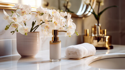 Fototapeta na wymiar Elegant bathroom setup with orchid and golden accents. Luxury homeware concept. Generative AI