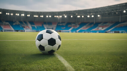 Fototapeta premium ball on the green field in village soccer stadium. ready for game in the midfield