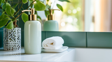 Contemporary bathroom decor with green tones and plant accents. Eco-friendly atmosphere. Generative AI
