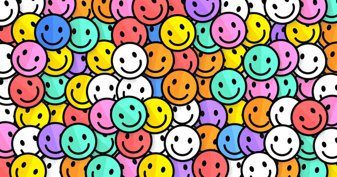 Naklejki Colorful dynamic smiling emojis pattern. Bright funny colorful background. Retro funny template illustration. Pozitive faces. Don't worry! Trendy abstract summer kids style. Be Happy. Rainbow colors