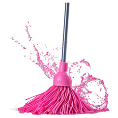 Cleaning mop with wet pink bristles splashing water - obrazy, fototapety, plakaty
