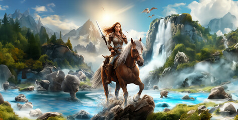 Fantasy scene with a woman warrior riding a horse in front of a waterfall, Warrior on horseback. Fantasy and fairy tale. 3d rendering, Beautiful woman riding a horse on a background of waterfalls. - obrazy, fototapety, plakaty