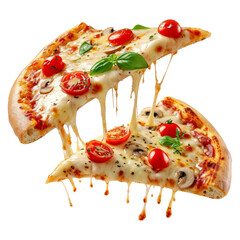 Two slices of pizza with melted cheese and ingredients in the air