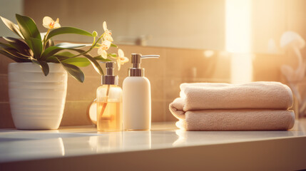 Tranquil bathroom setting with orchid, golden light, soft towels. Spa wellness concept