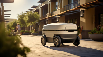 Futuristic delivery robot cruising through a modern pedestrian zone. Smart city concept. Generative...