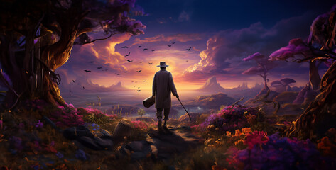 Fantasy landscape with a man in a hat and a walking stick, a old african man with a walking stick...