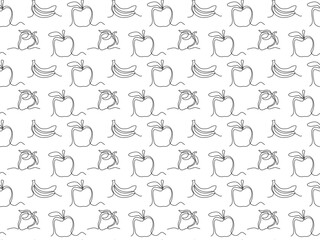 Abstract black and white seamless doodle pattern of fruits and berries, strawberry, apple banana