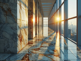 Luxurious hallway with marble walls and floors at sunset. Opulent architecture. Generative AI