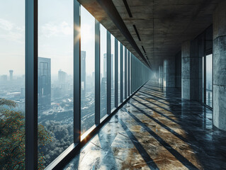 Modern office with panoramic windows overlooking the city. Urban design concept. Generative AI