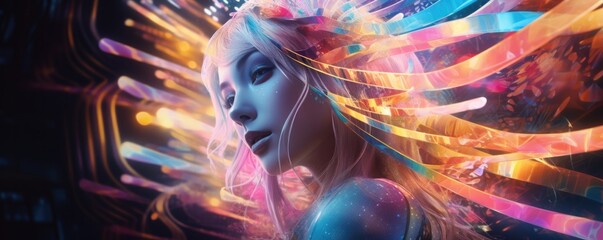 Metaverse abstract concept with beautiful woman and neon lines, representing artificial intelligence imagination. Future technology, computer mind concept