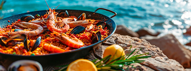 paella with seafood on a background of the sea. Selective focus. - obrazy, fototapety, plakaty