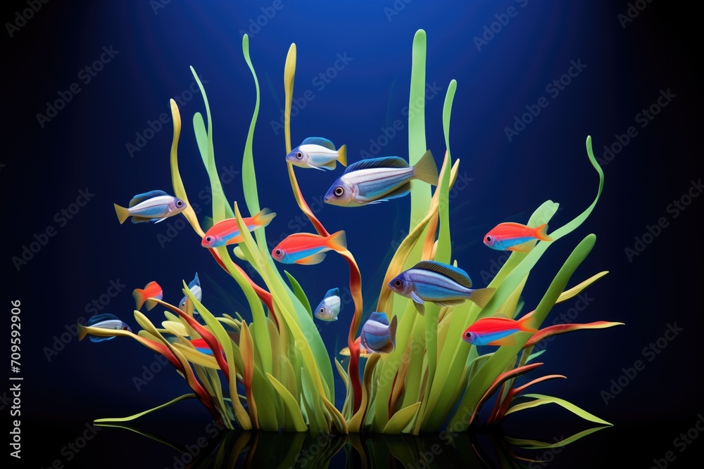 Wall mural neon tetras encircling a central aquarium plant