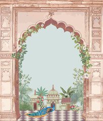 Indian Mughal hand drawn floral garden with arch and peacock illustration for invitation