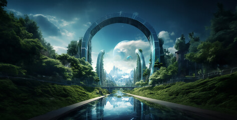 3D rendering of a futuristic city landscape with a lot of trees, Fantasy landscape with bridge over...