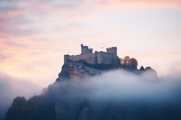 Fototapeta premium fog enshrouding an imposing stone castle at dusk