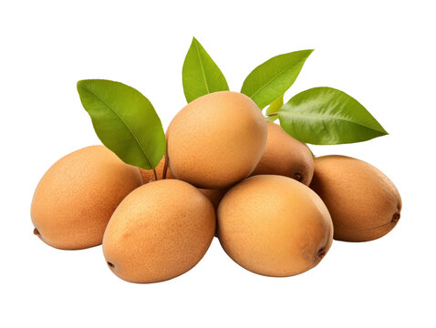 A grouping of ripe sapodilla fruits with leaves on a transparent background.