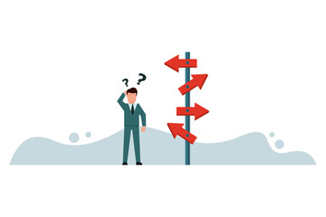A businessman is confused as he looks at several road signs with question marks and thinks about which way to go. Business decisions career path career direction or choose a path to success concept