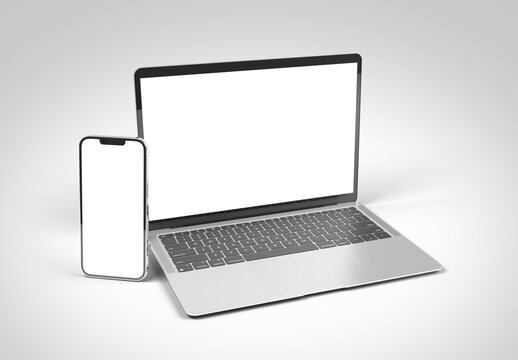 PARIS - France - March 15, 2023: Newly released Apple Macbook Air and Iphone 14, Silver color. Side view. 3d rendering laptop mockup on white background